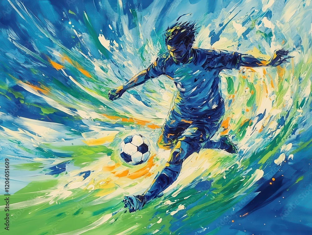 Poster abstract expressionist painting of dynamic soccer player in motion, bold brushstrokes in blues and g