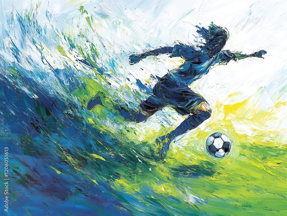 Poster abstract expressionist painting of dynamic soccer player in motion, bold brushstrokes in blues and g