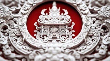 Intricate White Carving on Red Background: A Detailed Close-up of Asian Architectural Ornamentation