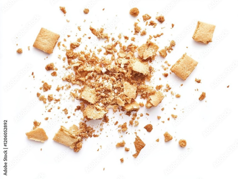 Poster artful arrangement of scattered cake crumbs and broken cookies creating abstract composition on pure