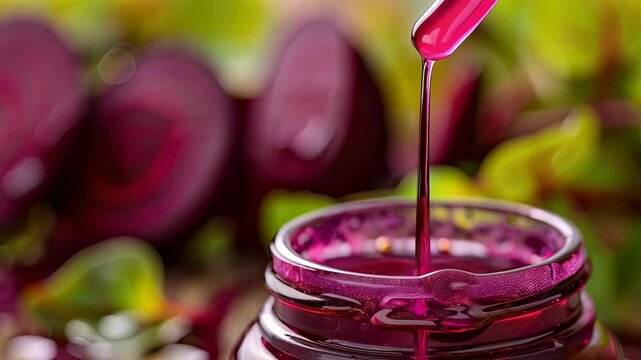 a drop of beetroot essential oil. Selective focus