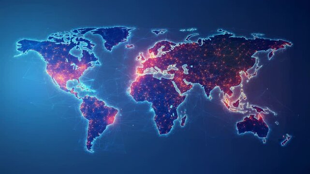Global network connectivity illuminating world map with dynamic data points
