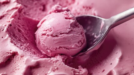Pink ice cream being scooped with metal spoon