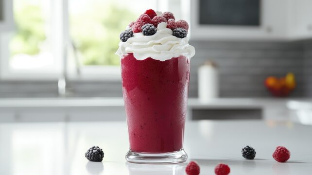 Delicious berry smoothie with whipped cream in glass on kitchen counter
