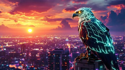 Cybernetic eagle with city view at sunset