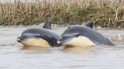 Fototapeta premium Two Dolphins Swim Gracefully in Coastal Waters Nature Wildlife