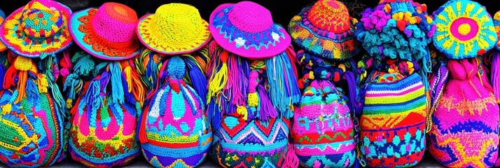 Vibrant Colorful Knitted Hats and Bags Festive Handmade Textile Art