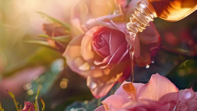 rose essential oil drips into the bottle. Selective focus