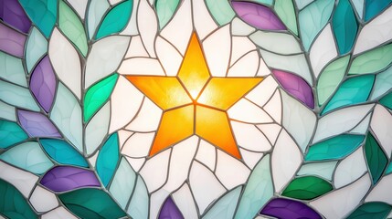 Colorful Stained Glass Star Surrounded by Leaf Patterns