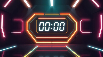 minute without time, Futuristic digital clock displaying zero time in a vibrant neon environment with copy space
