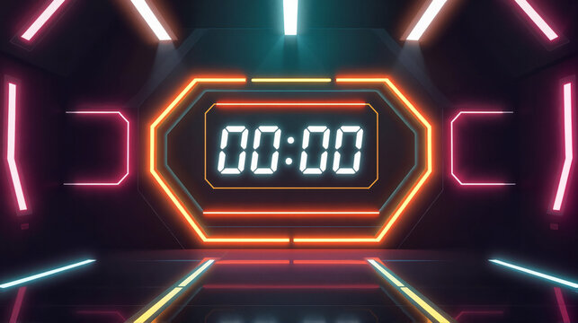 minute without time, Futuristic digital clock displaying zero time in a vibrant neon environment with copy space
