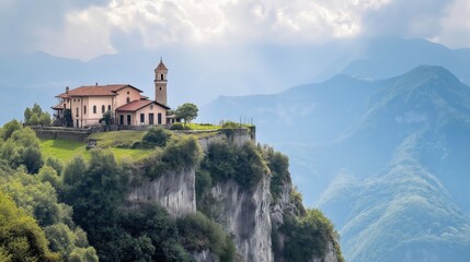 Fototapeta premium Scenic cliffside monastery overlooking lush mountains and valley at dawn with dramatic sky