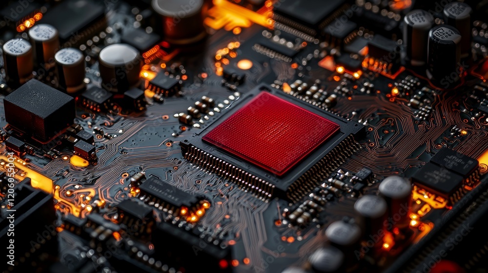 Poster red cpu on circuit board, glowing components, technology background