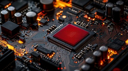 Red CPU on circuit board, glowing components, technology background