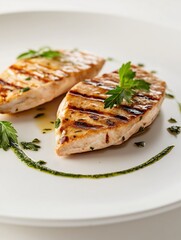 Grilled turkey fillet with garlic sauce, presented on a simple white plate. Minimalistic setup with clean lines, and artistic drizzles of garlic sauce and herb oil as key compositional elements.