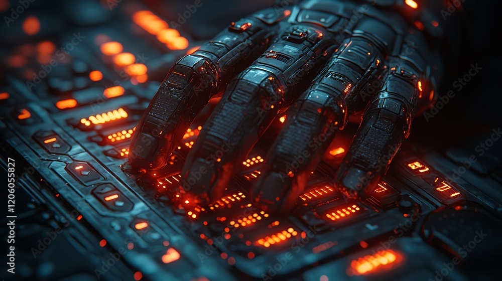Poster robotic hand types on futuristic keyboard; glowing circuits; dark background; sci-fi concept art; id