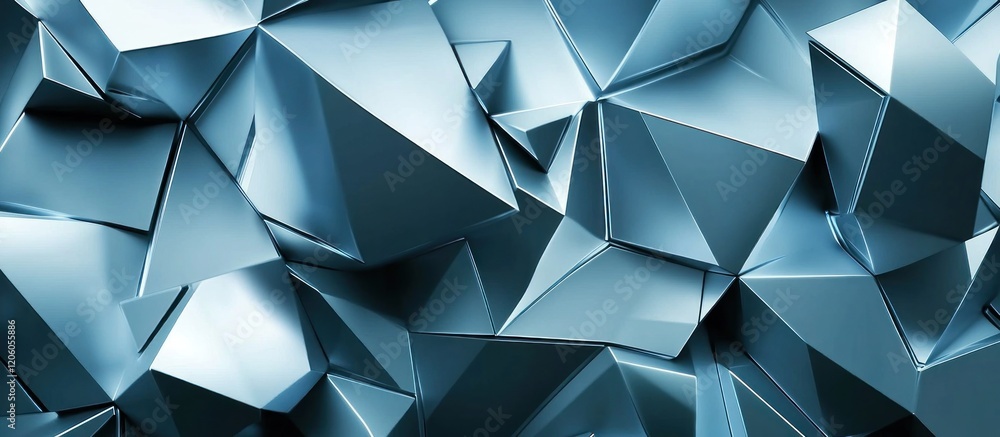 Poster high-tech modern background with sharp geometric shapes, cool tones of blue and silver, and smooth l