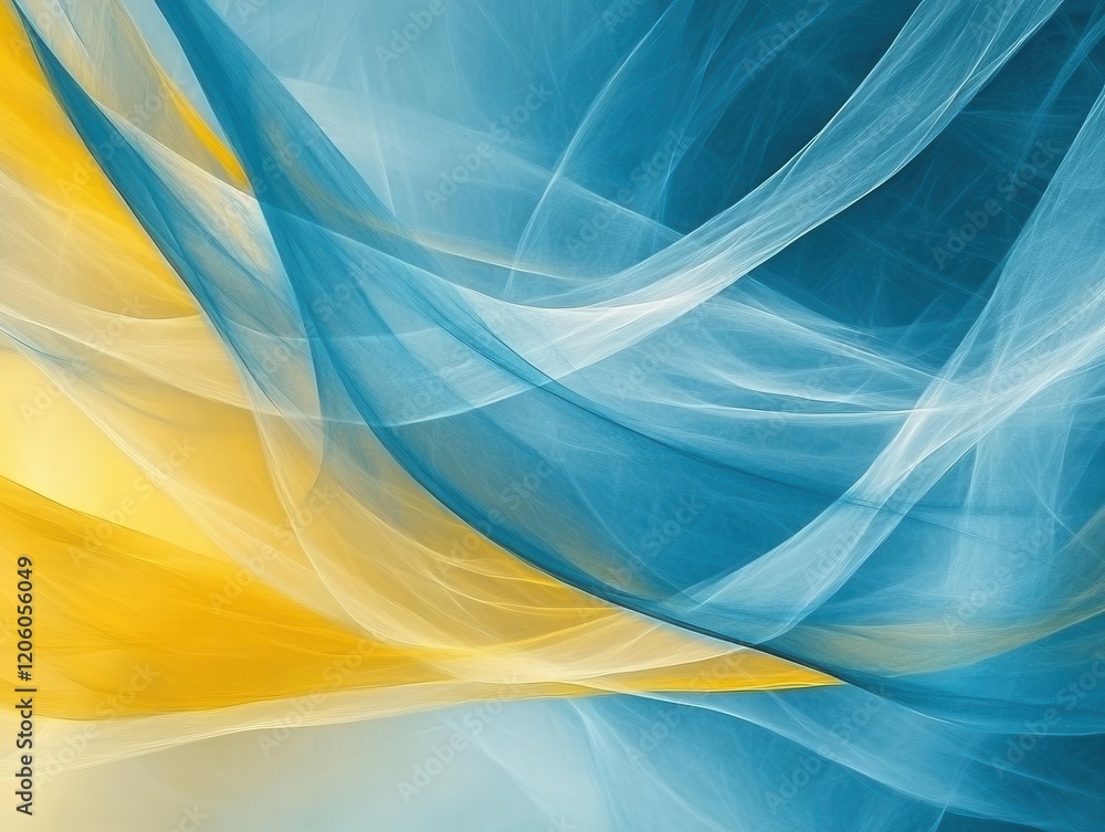 Poster dynamic flowing abstract background with ethereal wisps of cerulean blue merging into sunburst yello