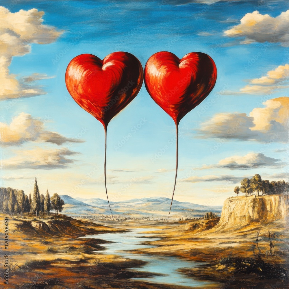 Poster two red heart-shaped balloons float in the sky, creating an oil painting-style scene against a backd