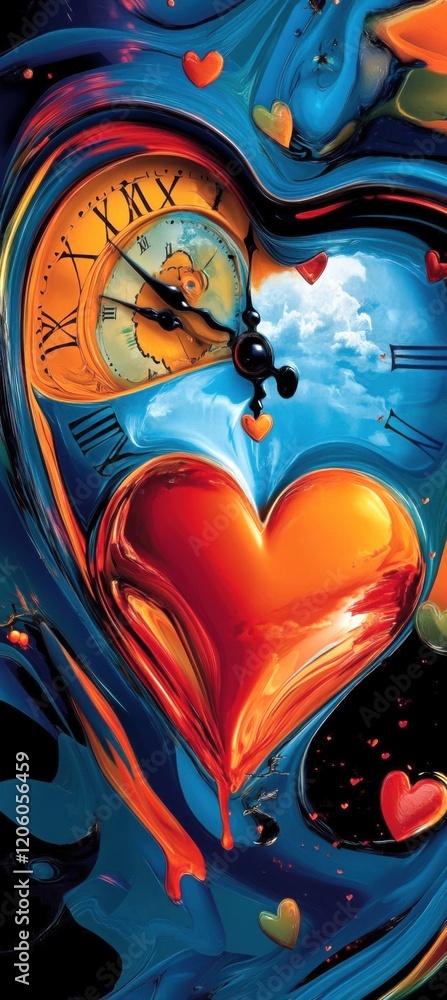 Poster A surreal digital painting of an abstract heart-shaped clock with melting clocks and hearts floating in the sky, featuring a color palette of blue, red, orange, and black.