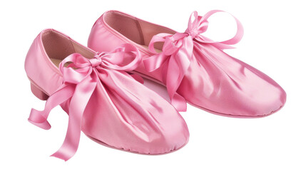 Pink satin ballet shoes with ribbon laces on transparent background