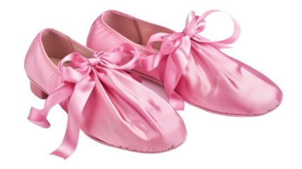 Pink satin ballet shoes with ribbon laces on transparent background