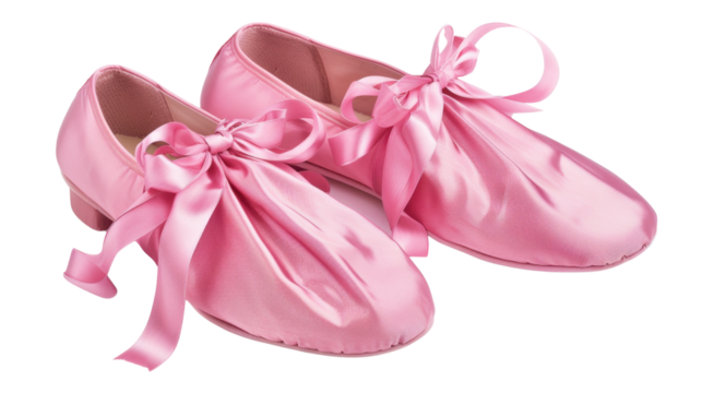 Pink satin ballet shoes with ribbon laces on transparent background
