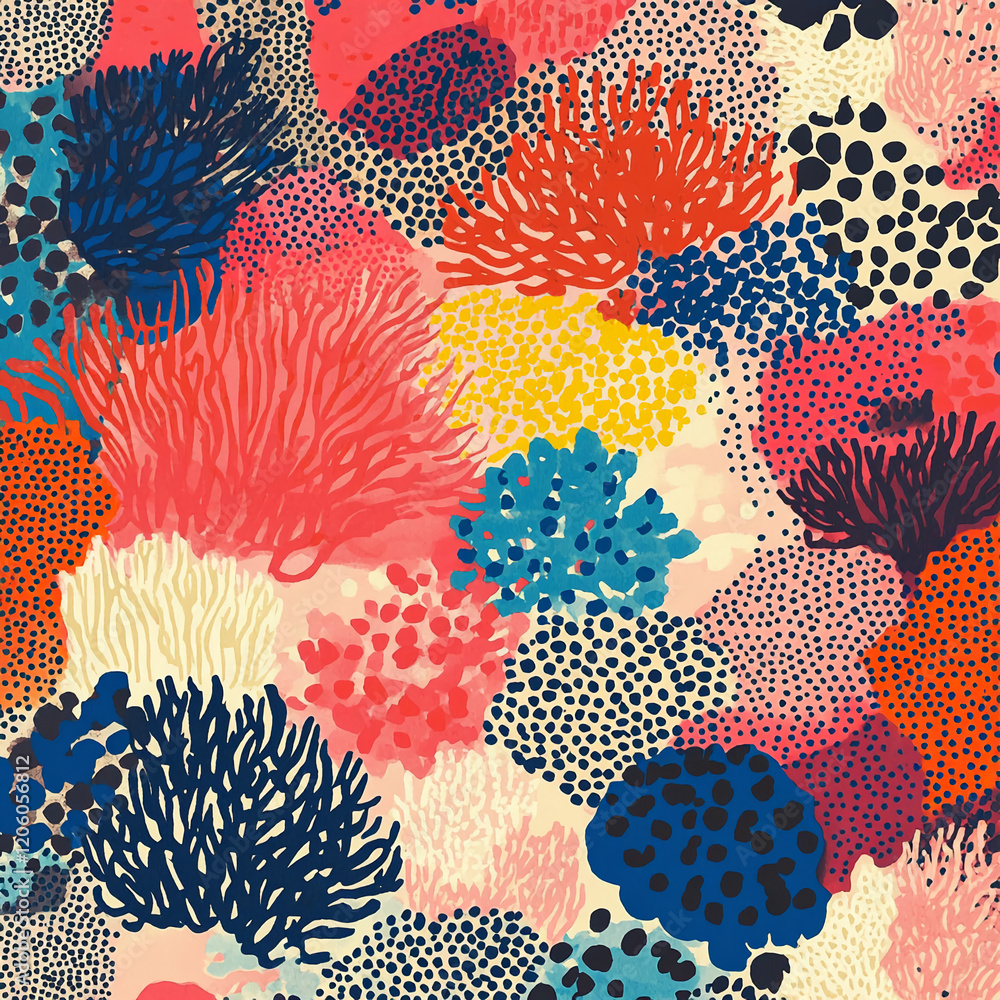Poster Abstract colorful coral shapes and patterns in vibrant tones on a light background