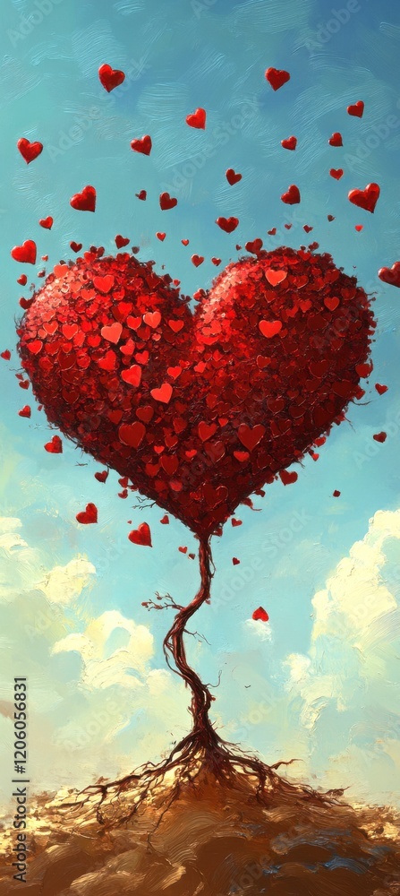 Poster a heart-shaped tree with red leaves, its branches reaching out to the sky and roots spreading across