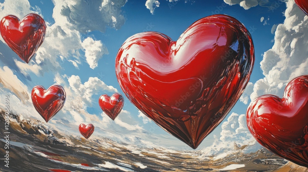 Poster Surreal digital painting of red heart-shaped balloons floating in the sky, creating an abstract and dreamlike composition for Valentine's Day. This work captures love and romance in a fantasy setting.