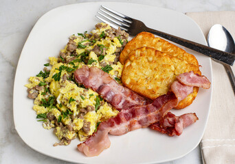 scrmble eggs wiith  sausage and parsley