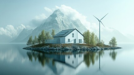 Fototapeta premium A serene house on an island with a mountain backdrop and wind turbine, reflecting eco-friendly living.