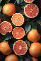 Grapefruits and Lush Green Leaves A Vibrant Citrus Still Life