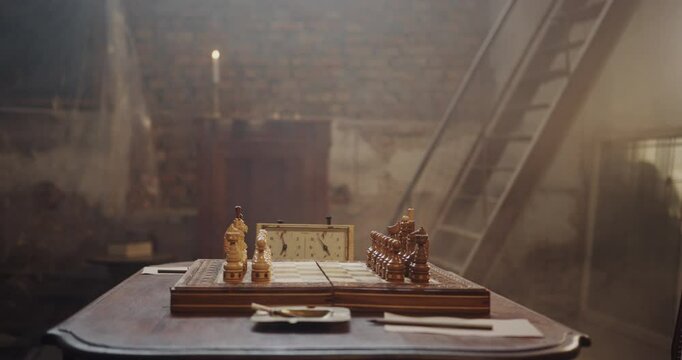 Vintage Chessboard on a Wooden Table in a Mysterious Empty Room