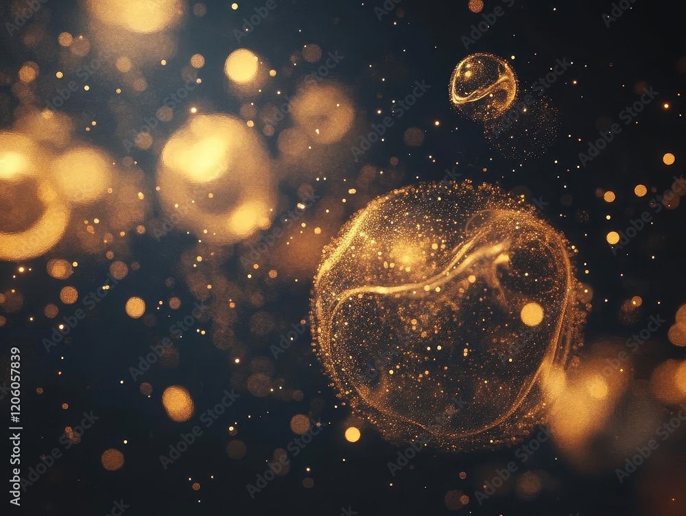 Poster ethereal golden particles floating in dark space, creating a luxurious atmosphere with soft bokeh ef