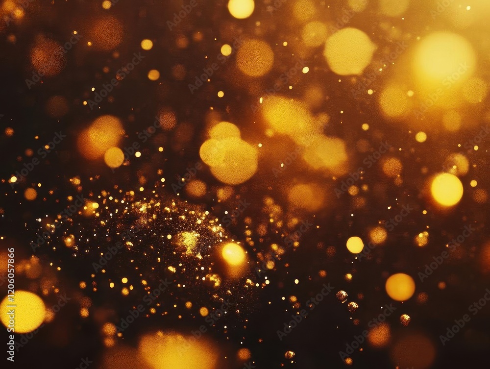 Poster ethereal golden particles floating in dark space, creating a luxurious atmosphere with soft bokeh ef