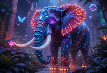 Neon elephant in a glowing jungle