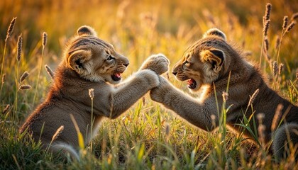 Playful Lion Cubs Sparring in Golden Savanna Grass
