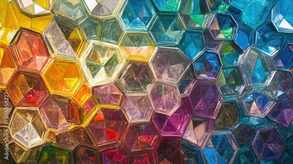 Aufkleber intricate geometric pattern of hexagons, each section filled with vibrant colors, light reflection c