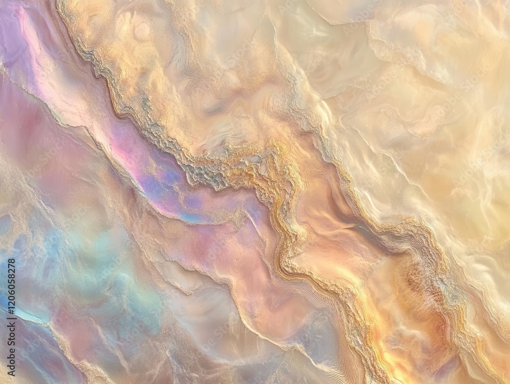 Poster ethereal pearlescent surface with flowing rainbow gradients, soft rippling effect creating dreamy di