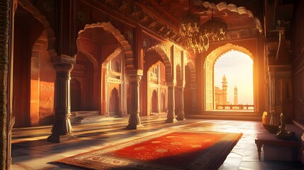 Sunlit Palace Hall With Distant Mosque View