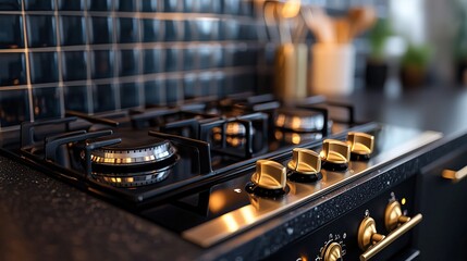 Fototapeta premium Modern gas stovetop with gold knobs in dark tiled kitchen, blurred background