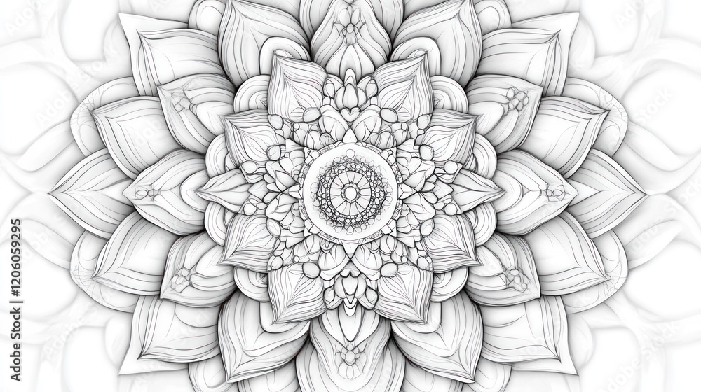 Poster intricate mandala with geometric patterns, layers, and radial symmetry, creating a complex design