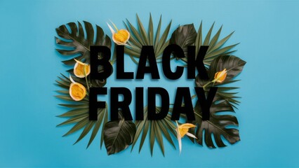 Tropical Style Black Friday Sale Black on Blue background with copy space ai generated