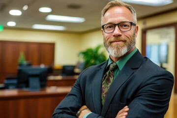 Naklejka premium Confident caucasian mature male executive in office setting with gray beard and glasses