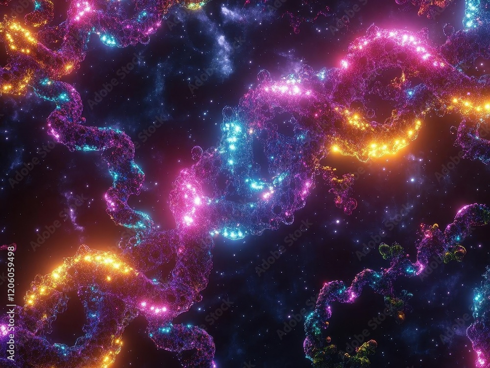 Aufkleber futuristic 3d visualization of dna strands with glowing neon elements and floating molecular structu