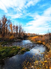 A calm river winding through a landscape of vibrant autumn foliage