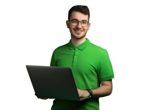 Confident young handsome business man in dark blue shirt holding laptop and smiling at camera, isolated on transparent background