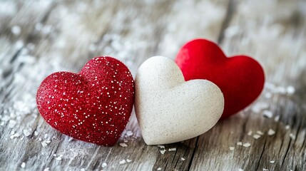 Fototapeta premium Romantic Red and White Glitter Hearts Valentine's Day Decor Festive Lovely Hearts Wooden Background Winter Season Beautiful Heartshaped Decorations Romantic Love Symbols 