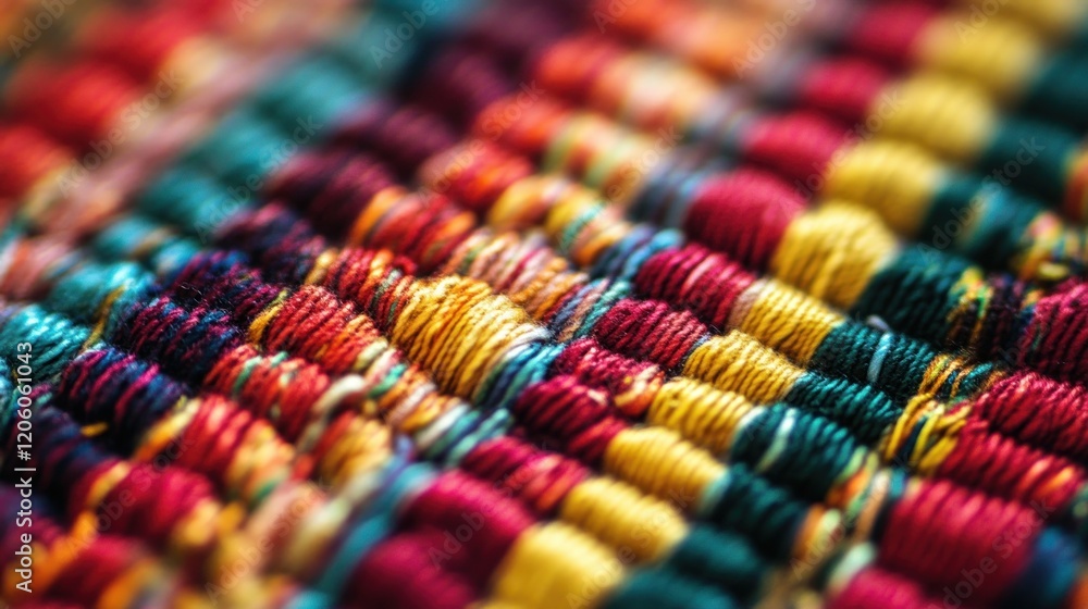 Poster close-up of intricate woven fabric texture with vibrant threads creating a colorful pattern